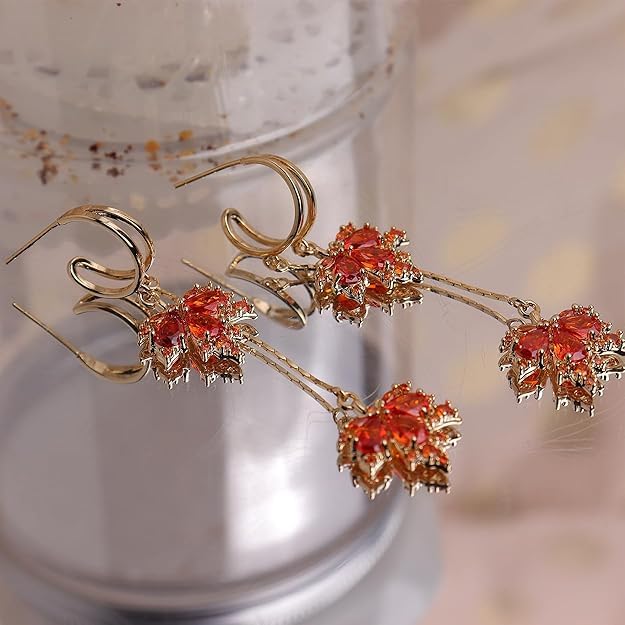 El Regalo Gold Open Hoop Fall Maple Leaf Dangle Earrings - Elegant Sparkling Crystal Cubic Zirconia Rhinestone Earrings for Women