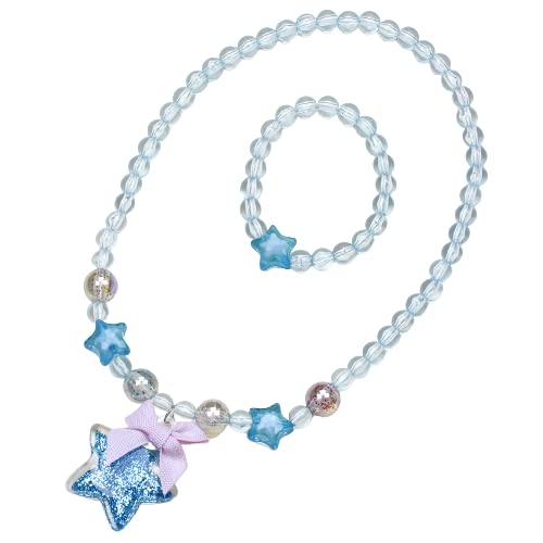 El Regalo 1 Pair Girls Kids Glittery Star Beads Princess Necklace & Bracelet Sets- Acrylic Star Beads Princess Necklace Bracelet Jewelry Set for Girls Kids (Blue Star)