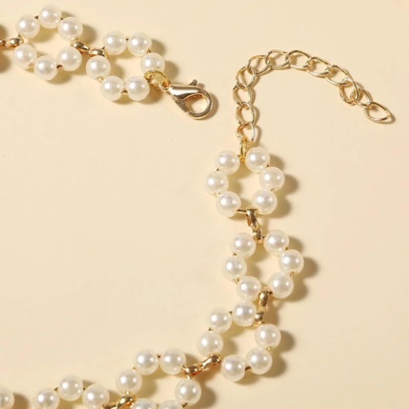 El Regalo Pearls Flowers Choker Necklace- Elegant Faux Pearls, Round Hollow Design Temperament Flower Choker Necklace for Girls & Women
