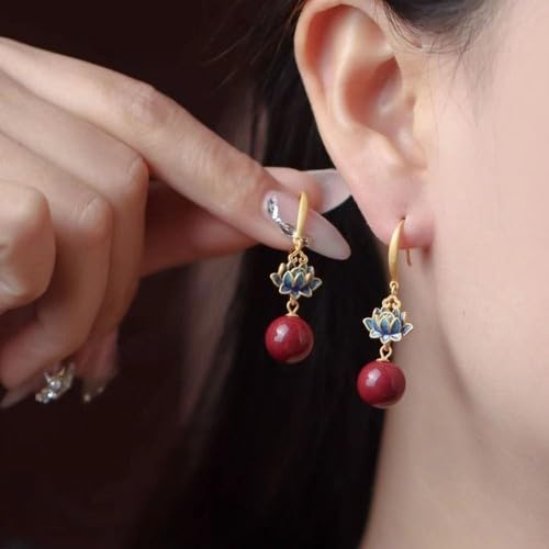 El Regalo Lotus Design Drop Earrings for Women & Girls - Gold Plated Enamel Earrings with Red Stone Bead Pendant - Ethnic & Contemporary Earrings