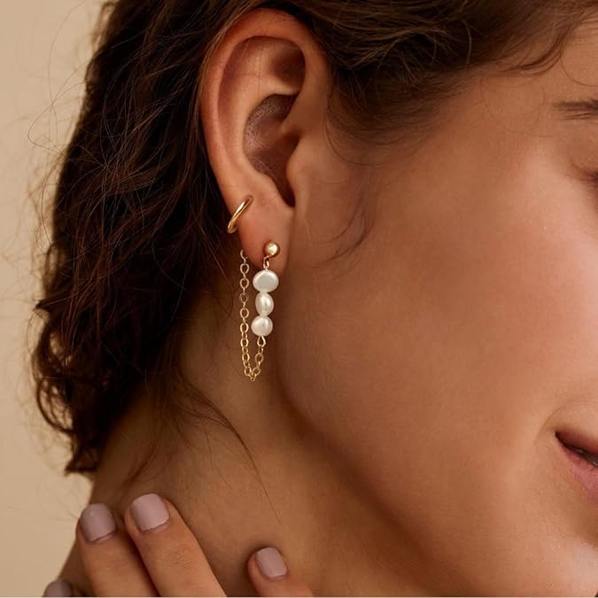 El Regalo 14K Gold Plated Pearl Drop & Huggie Hoop Earrings Combo Set for Women | 4 Pairs Anti-Tarnish Hypoallergenic Earring Stack for Multiple Piercings & Cartilage | Premium Aesthetic Jewellery Gift
