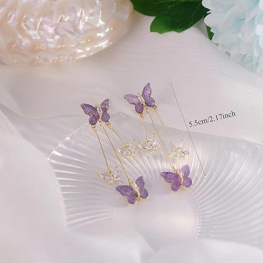 El Regalo Cute 3D Crystal Butterfly Tassel Earrings for Women & Girls | 18K Gold Plated Long Hanging Drop Linear Earrings | Elegant Korean Aesthetic Western Party Jewelry (Purple)