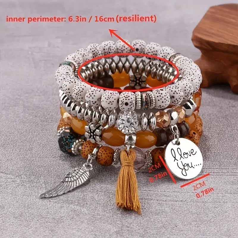 El Regalo 4Pcs/Set Vintage Bohemia Style Wing Beads Tassel Unisex Bracelet - Stackable Multi-layer Modern Charm Bracelets with Wings and I Love You Charms Bracelets (Musturd Yellow)
