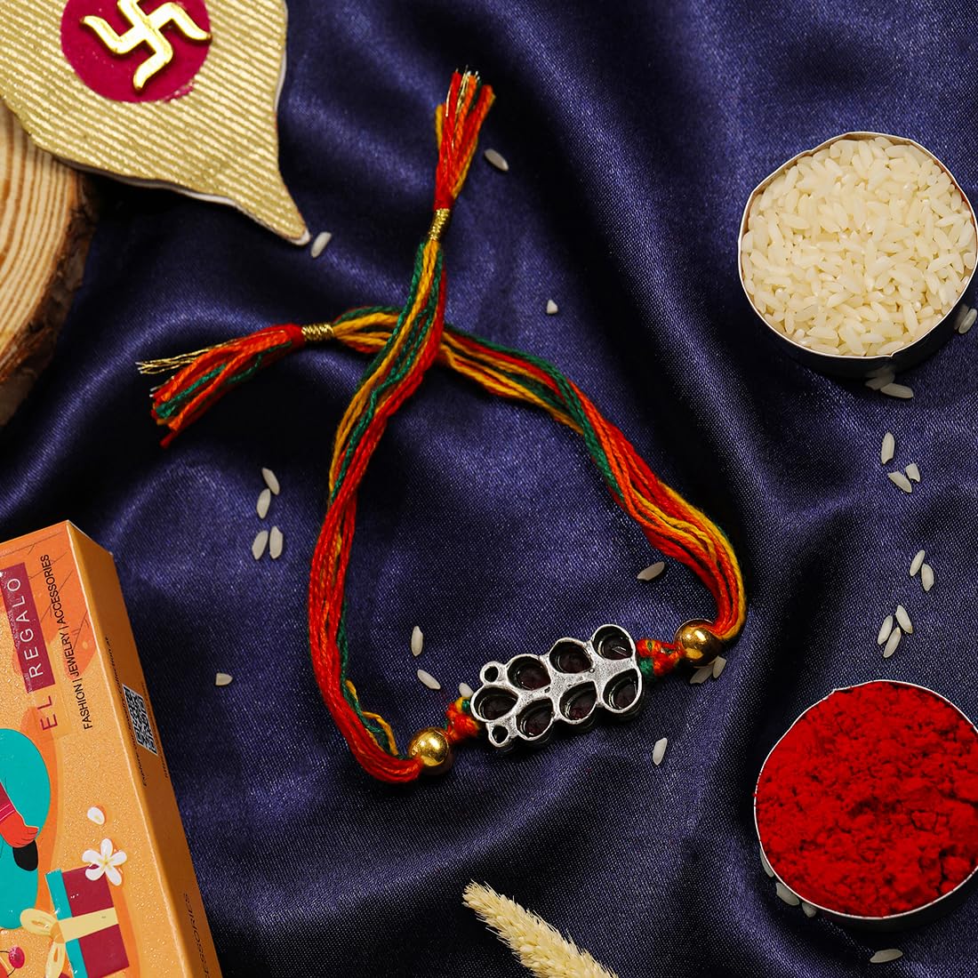 El Regalo 1PC Designer Red Stones Multi Colored Thread Rakhi for Brother- Antique Rakhi with Roli Chawal, Rakhi Message Card in Rakshabandhan Gift Box