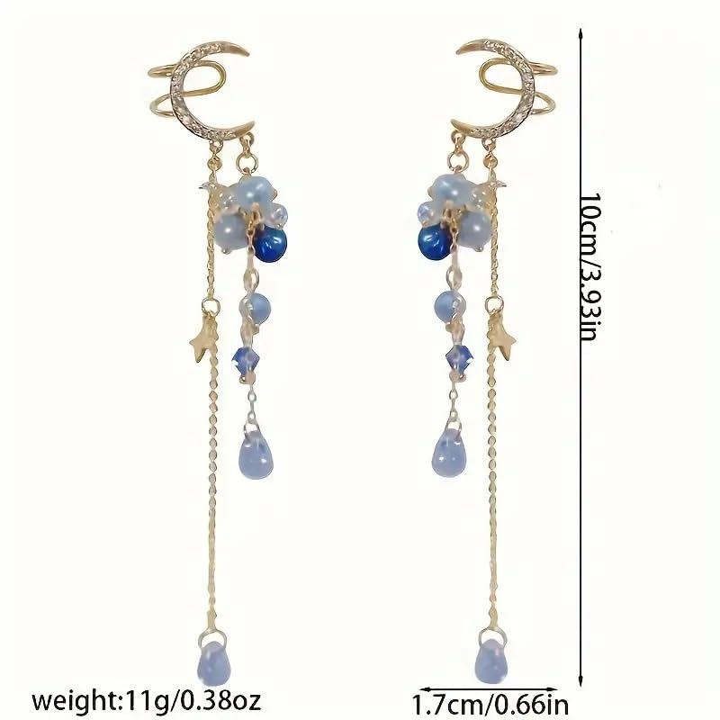El Regalo Modern Moon Stars, Crystals, Pearls Tassel Ear Cuff Earrings for Non Pierced Ears- Trendy CZ Tassel Ear Cuffs/Clip On Earrings For Women