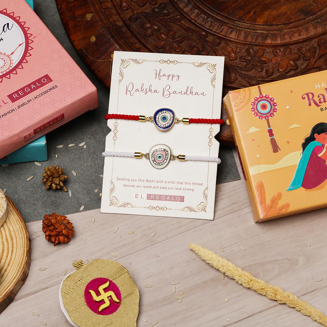 El Regalo Fancy 2PCs Evil Eye Rakhi Set for Brother with Roli Chawal & Rakhi Message Card - Lucky Protection Rakhi to Avoid Negative Energies for Brother/Sister-in-Law/Niece or Nephew (Option-2)