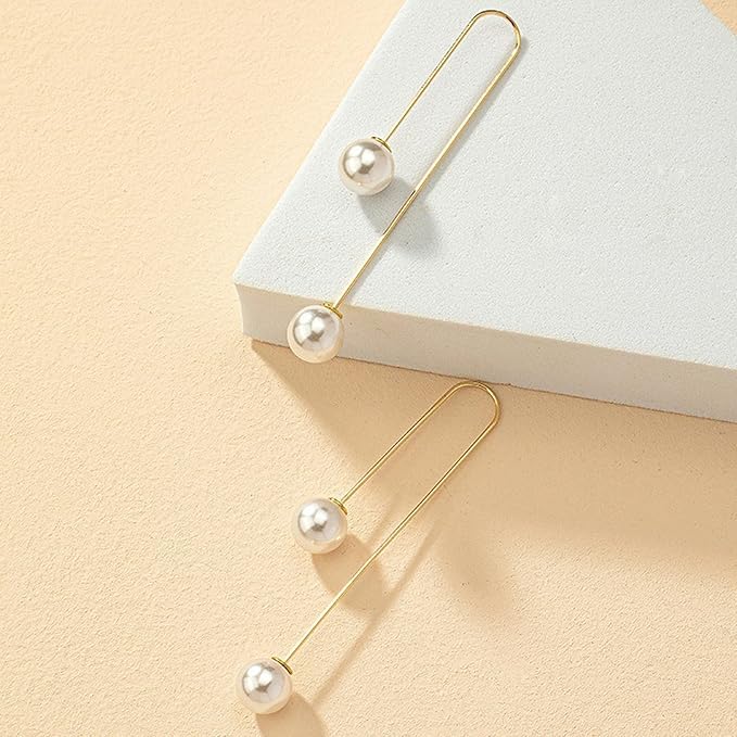 El Regalo Elegant Pearl Drop Threader Earrings for Women & Girls | Gold Long Wire Hook Double Pearls Earrings | Minimalist Jewelry for Office, Party, Wedding, Festivals