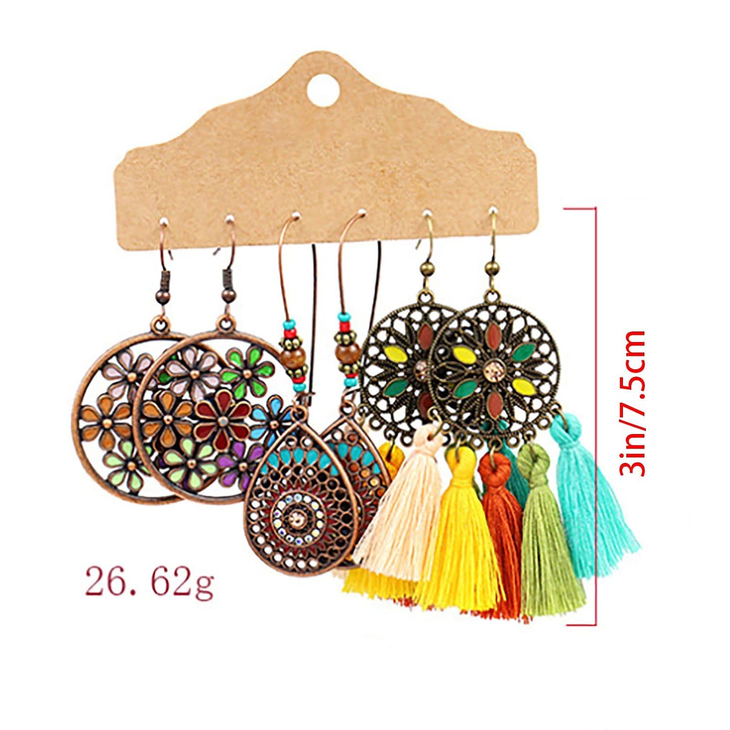 El Regalo 3 Pairs Earrings Combo of Vintage Bohemian Dangle Earrings for Women, 3-Pair Multi-Pack, Handmade Retro Tribal Drop Jewelry, Ethnic Bronze & Silver Tone Statement Earrings (Style-7)