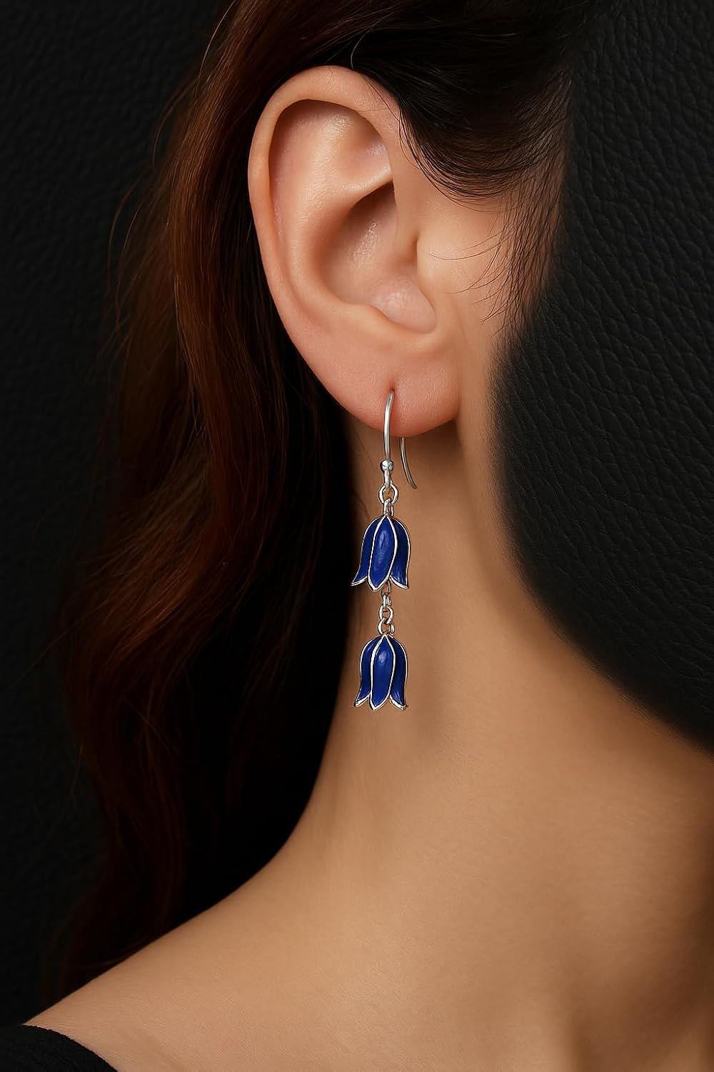 El Regalo Blue Enamel Tulip Flower Earrings for Women & Girls - Cute and Fancy Hyacinth Dangle & Double-Drop Hook Earrings (Double Flower)