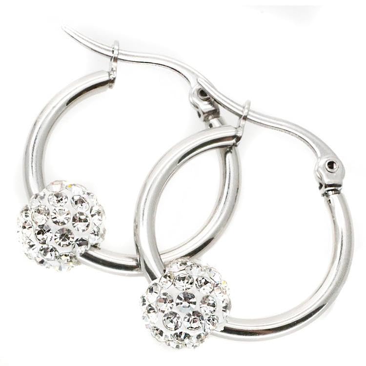 El Regalo Stainless Steel Hoop Earrings with Crystal Balls- Colored Crystal Ball 316L Surgical Steel Hoop Earrings- Crystal Baali for Girls & Women (White)