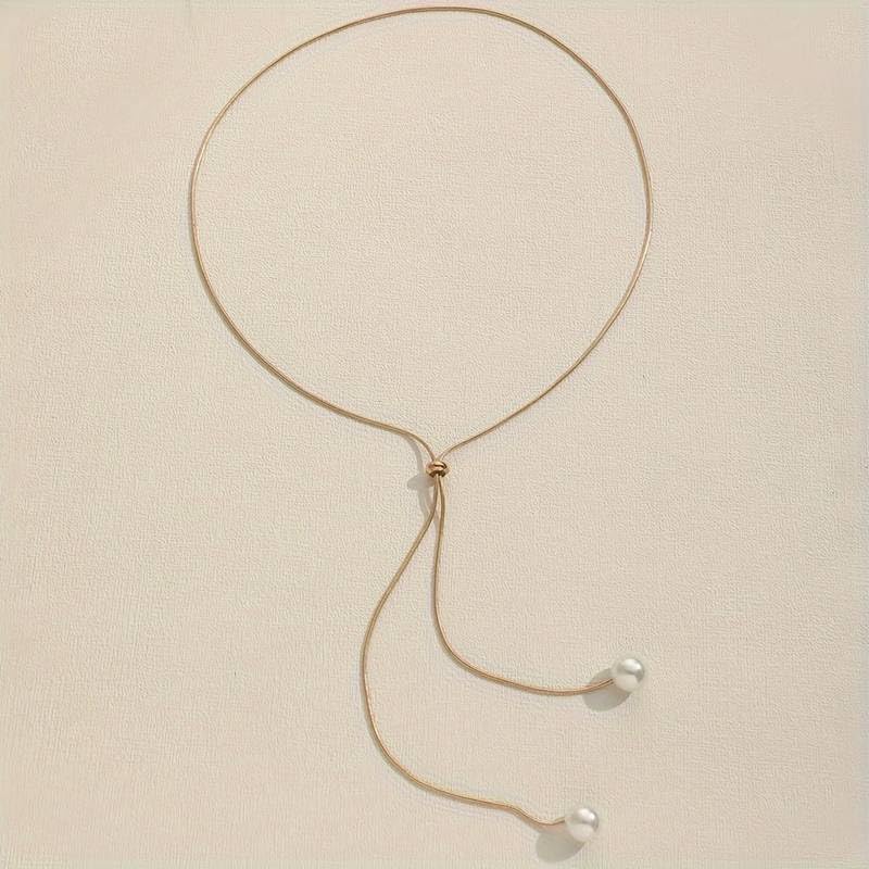 El Regalo Classy Slider Pearl Tie Necklace for Girls & Women- Elegant Drawstring Imitation Pearl Pendant Adjustable Y-Shaped Chain Necklace (Gold)