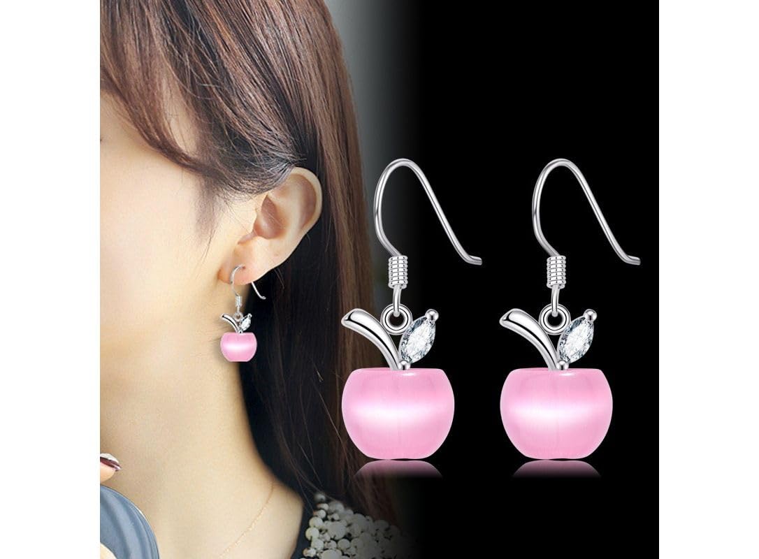 El Regalo Cute Pink Apple Drop Earrings for Women & Girls | Korean Style Aesthetic Earrings | CZ Studded Dangle Earrings | Trendy Party Fashion Jewellery