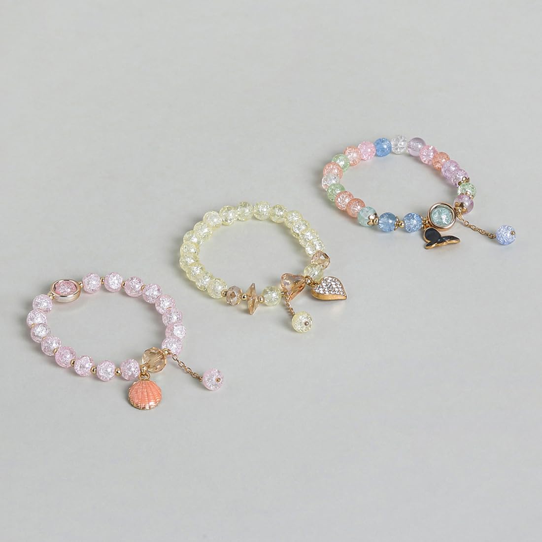 El Regalo 3PCs Opal Stone, Crystal Beads Tassel Bracelet With Cute Enamel Charms Star, Shell, Rainbow, Flowers, Swan, Pearls etc. for Kids/Girls/Teens/Women (Option-3)