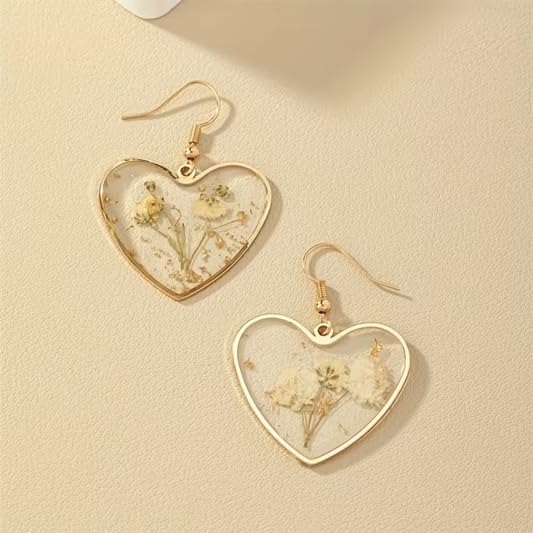 El Regalo Beautiful Transparent Heart Dried Flower Earrings for Women | Handmade Real Dried Floral Resin Dangle Earrings | Lightweight Bohemian Style Camellia Flower Earrings | Elegant Jewelry Gift (style-1)