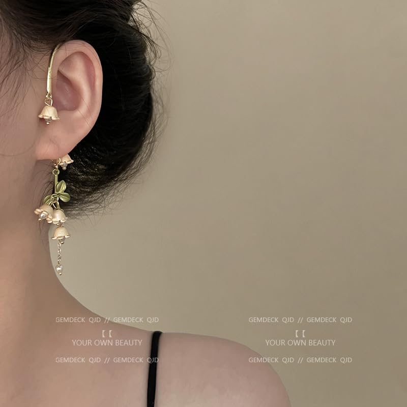 El Regalo 1 Pair Lily of the Valley Ear Cuffs Earrings for Women, Non Piercing Leaf Lily Flower Ear Cuffs Wrap Clip on Crawler Climber for Women