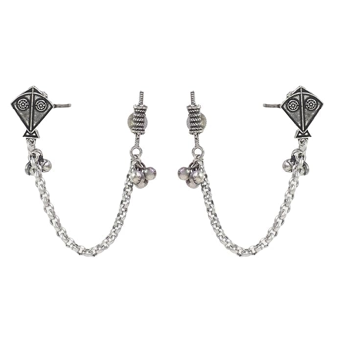 El Regalo Ethnic Oxidized Kite & Chkari Ear Cuffs - Handmade Silver Lookalike Ghunghru Earrings with Ear Clips for Women & Girls - Antique Brass Earrings with Chain Connection