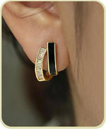 El Regalo Double Row C-Hoop Earrings for Women & Girls | Hypoallergenic Geometric Studs | Cubic Zirconia & Enamel/Shell Inlay | Elegant Daily, Office & Party Earrings Jewellery (Black)