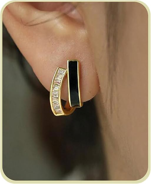El Regalo Double Row C-Hoop Earrings for Women & Girls | Hypoallergenic Geometric Studs | Cubic Zirconia & Enamel/Shell Inlay | Elegant Daily, Office & Party Earrings Jewellery (Black)