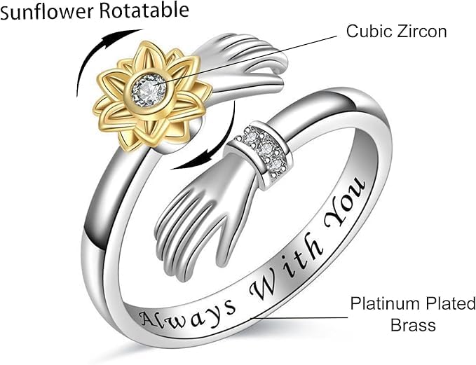 El Regalo Spinner Sunflower Zirconia Hug Ring- Adjustable 360 degrees Rotating Hugging Hands Ring for Girls/Women (Always With You)