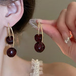 El Regalo Cute Red Double Cherry Front Back Jacket Earrings for Girls & Women | Glossy Fruit Design Gold-Tone Earrings | Fashion Statement Dangle Earrings for Party & Casual Wear