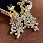 El Regalo Vintage Retro Pearl Tassel Earrings - Exaggerated Pearl Maple Leaf Tassel Earrings for Women & Girls