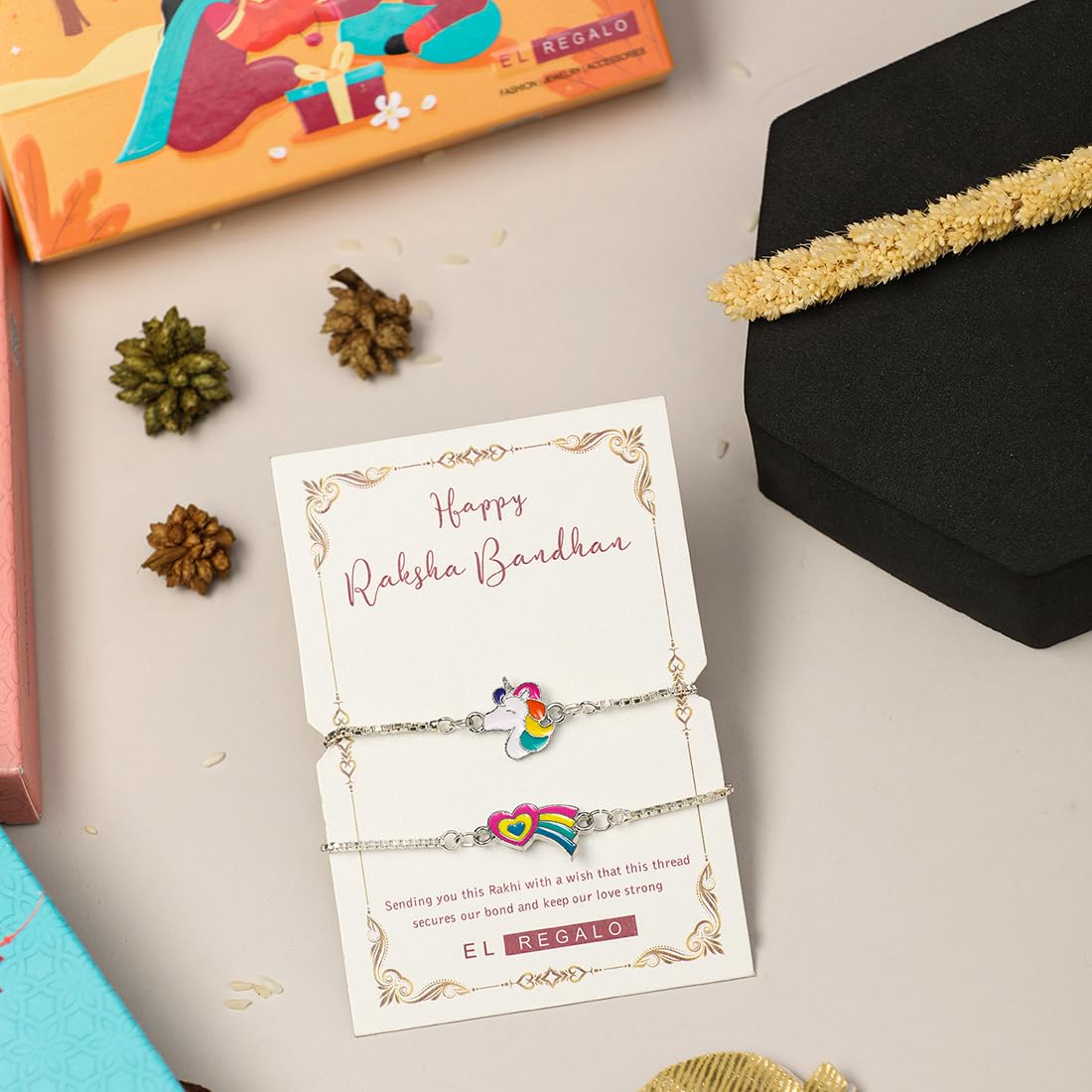 El Regalo 2 PCs Cute Kids Fancy Bracelet Rakhis Set - Beautiful 2 Kids Rakhis Combo with Roli Chawal, Rakhi Message Card in Rakhi Gift Box for Little Brother/Niece/Nephew (Unicorn & Rainbow Heart)