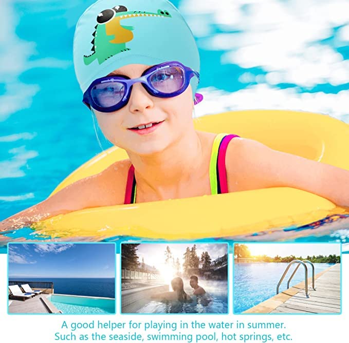 El Regalo Waterproof Swim Cap for Kids Boys Girls, Cute Cartoon PU/Silicone No-Slip Swimming Bathing Cap for Children Long Short Hair, Non-Toxic,Flexible Swim Caps Hat (Aligator)