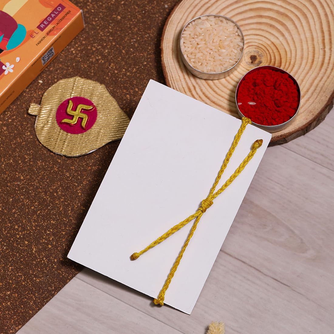 El Regalo 1PC Chakra Rakhi for Brother- Designer Chakra Reiki Healing Symbols Hand Braided Rakhi with shagun, Rakhi Card in Gift Box for Bhaiya/Bhabhi/Niece/Nephew (Solar Plexus Chakra)