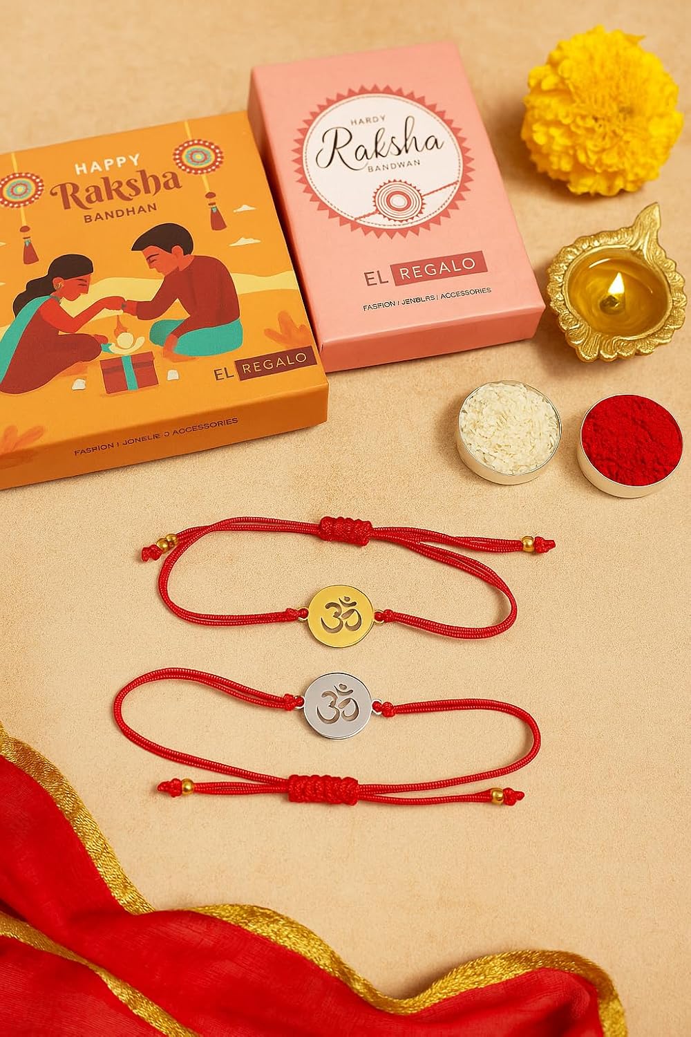 El Regalo OM Red Rakhi for Brother- Silver & Gold Plated Stainless Steel OM Bracelet Rakhi for Bhai with Roli Chawal in Rakshabandhan Box- Adjustable for Babies to Adults (Silver)