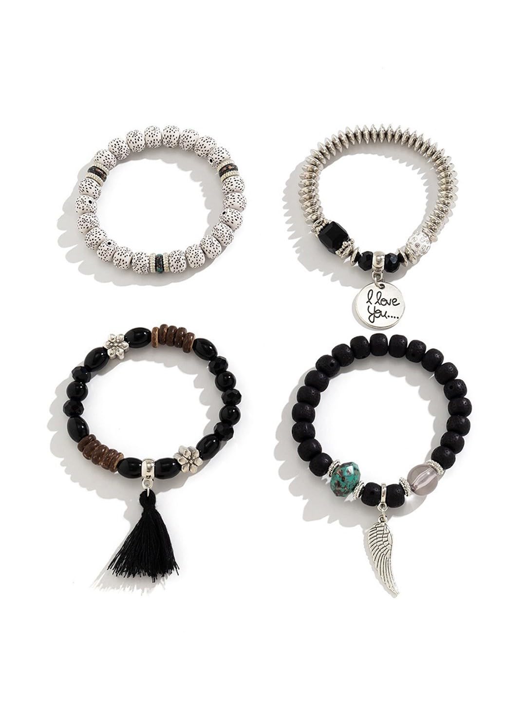 El Regalo 4Pcs/Set Vintage Bohemia Style Wing Beads Tassel Unisex Bracelet - Stackable Multi-layer Modern Charm Bracelets with Wings and I Love You Charms Bracelets (Black)