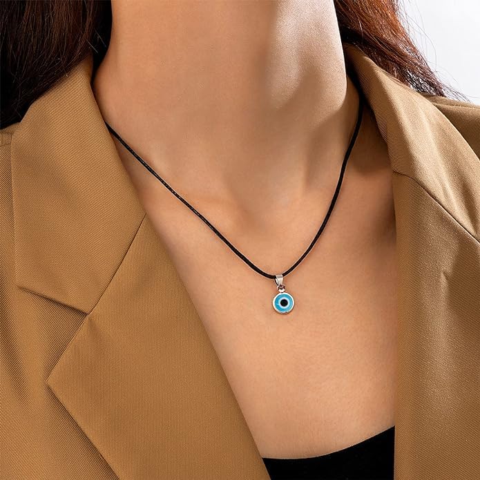 El Regalo 2PCs Evil Eye Necklaces Combo Set- Blue Eyes Amulet Pendant Dainty Ojo Gold Cord Necklace for Women & Girls