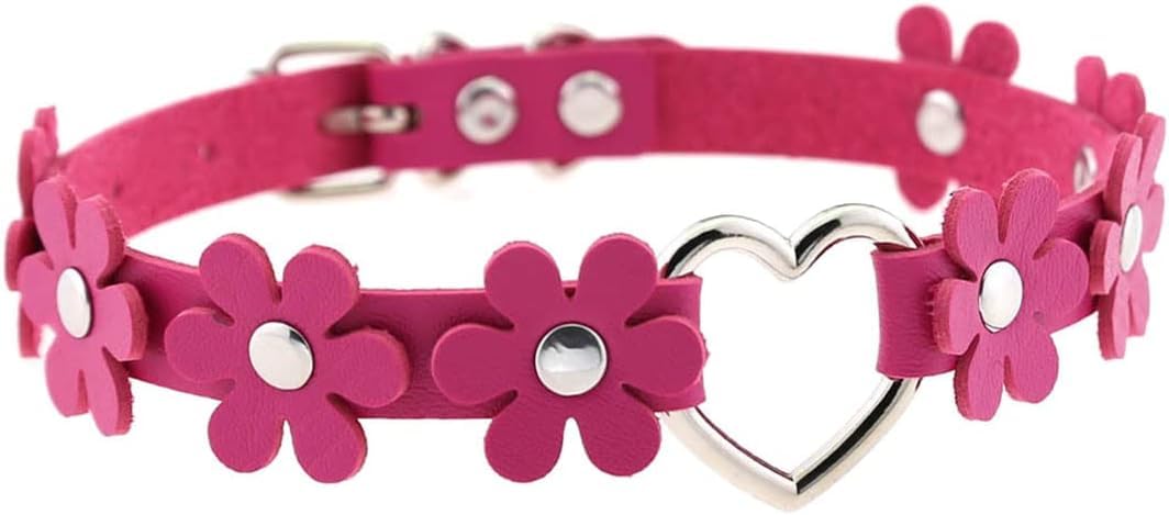 El Regalo Heart Flower Choker Necklace for Girls/Women- Gothic PU Leather Punk Choker Heart Ring Flower Necklace (Rose Pink)