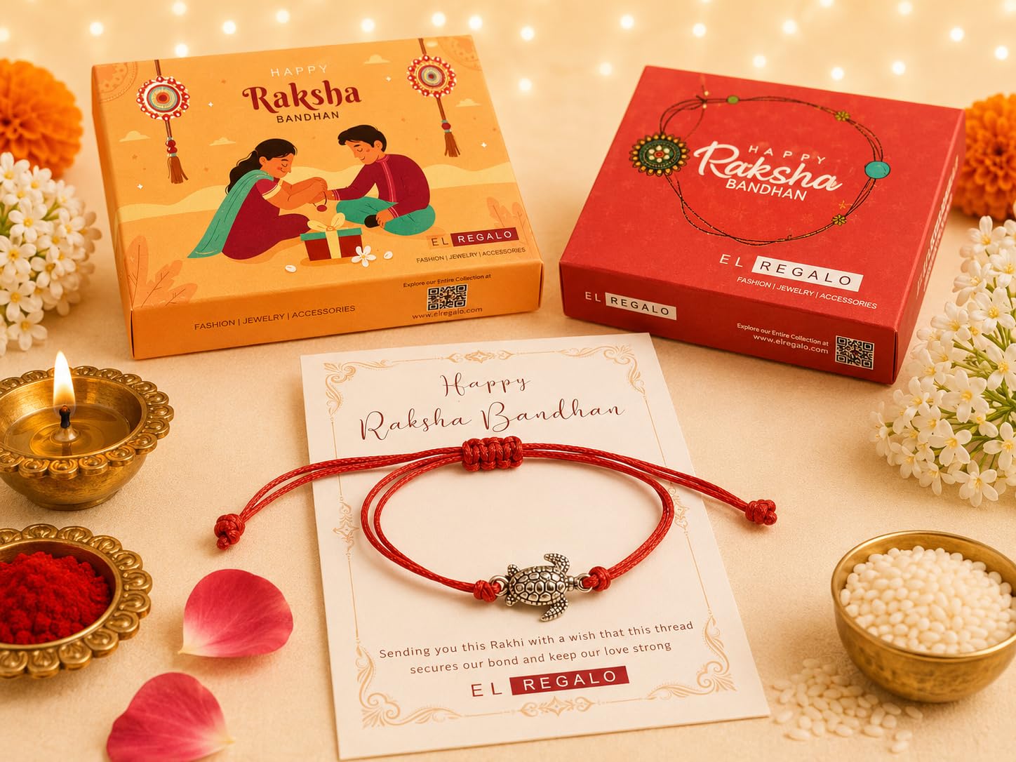 El Regalo Minimalist Lucky Turtle Adjustable Bracelet Rakhi for Brother- Red