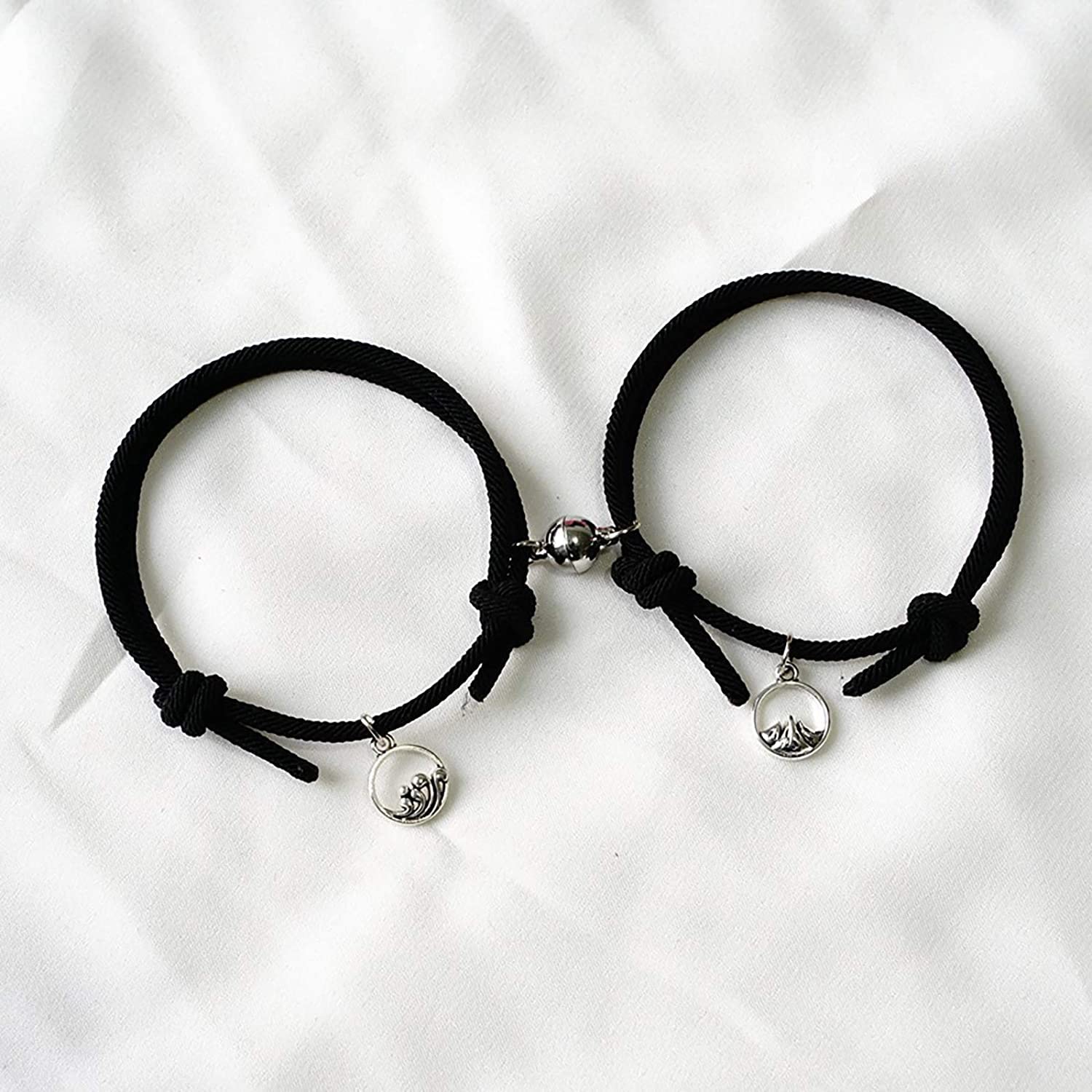 El Regalo 2 PCs Magnetic Couple Charm Bracelets Set for Best Friend- Mutual Attraction Magnet Matching Bracelets Rope Braided Bracelet Set for His Her Couples BFF Friendship Jewelry (2 PCs Black Set)