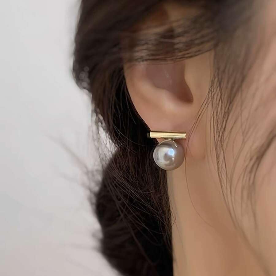 El Regalo 1pair Copper Imitation Faux Pearl Grey Color for Girls & Women- Elegant, Western Versatile Pearls Stud Earrings (Gold)