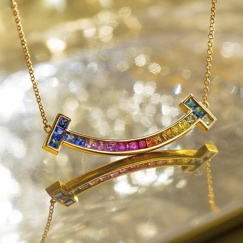 El Regalo Luxury Rainbow Smile Zircon Clavicle Chain Necklace for Girls & Women- Stainless Steel Rainbow Stones Smiley Necklace