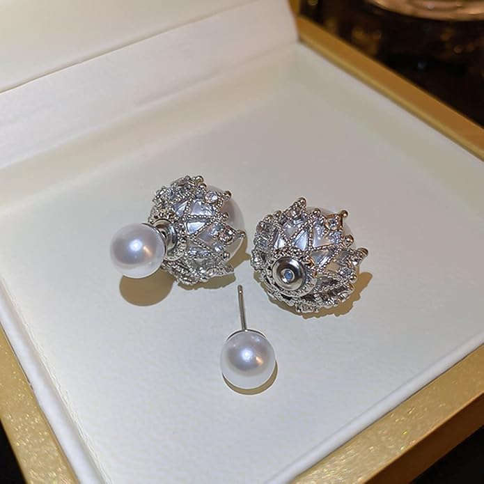 El Regalo Beautiful Double Sided Pearl Earrings for Women - Elegant Crown Rhinestone Front Back Studs | Korean Style Moti Earrings (Silver White)