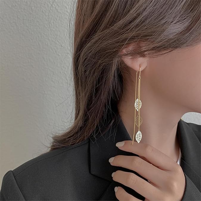 El Regalo 925 Silver Plated Flower Threader Earrings- Needle Threader Long Tassel Earrings for Girls & Women (Leaves Threader)