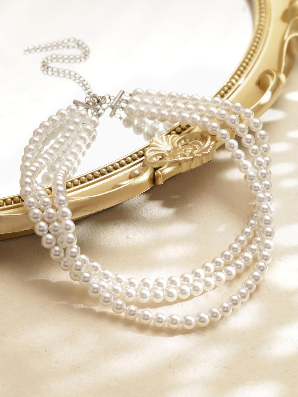Sacina Boho 1920s Layered 3 Row Imitation Pearl Choker Necklace, Pearl Choker Necklaces for Women, Bridal Necklace, Costume Jewelry, Christmas Jewelry Gift for Women, White