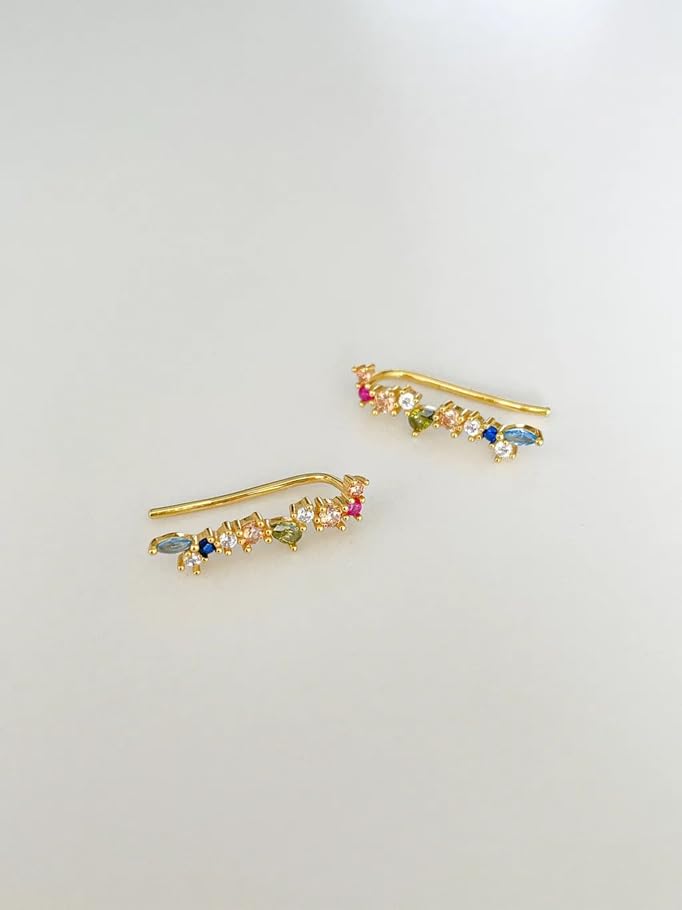 El Regalo Elegant Multi-Colour Crystal Crawler Earrings for Women & Girls- Gold Plated Curve Ear Line Climber Earrings