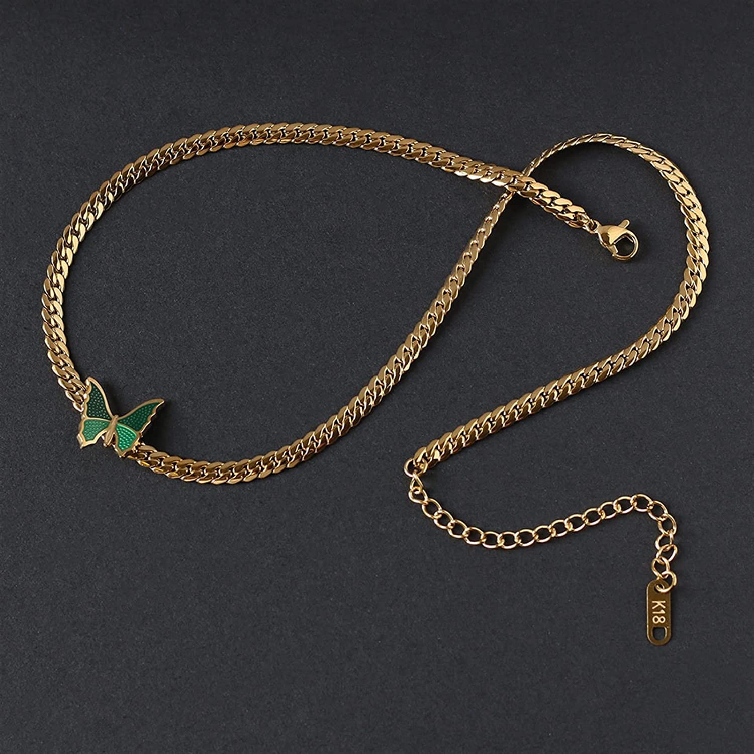 El Regalo 18K Gold Waterproof Vintage Green Enamel Butterfly Choker Cuban Chain Necklace- Stainless Steel NO RUST/ANTI TARNISH Butterfly Flat Snake Chain Necklace for Girls & Women