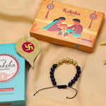 El Regalo 1 PC Natural Stones AD King Crown Rakhi for Brother/Bhai- Designer Handcrafted Natural Stones Rakhi with Roli-Chawal Shagun, Rakhi Message Card in Rakhi Gift Box (Blue & Golden)