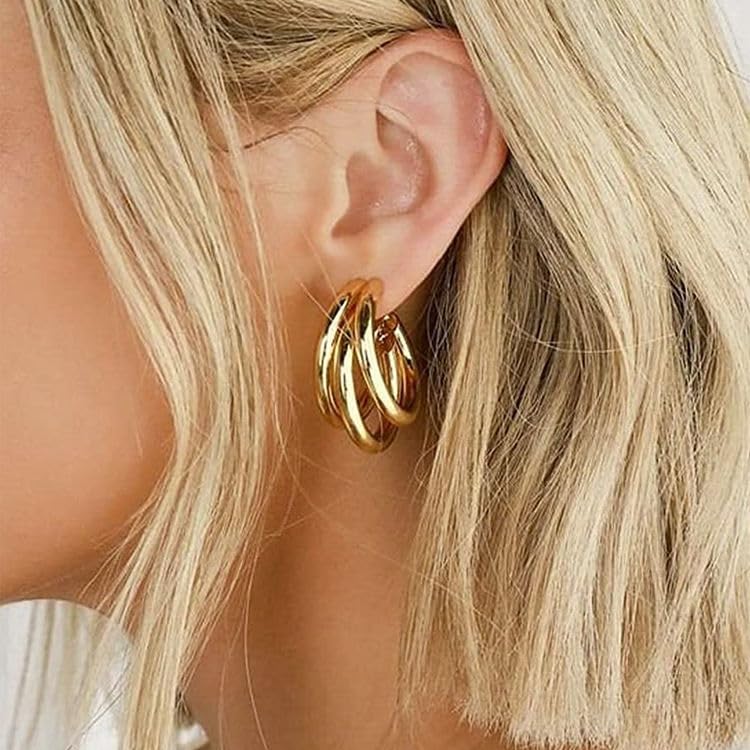 El Regalo Trendy Triple 3 Hoop Stud Earrings- Western Fashion Earrings for Girls & Women (Golden Hoops)