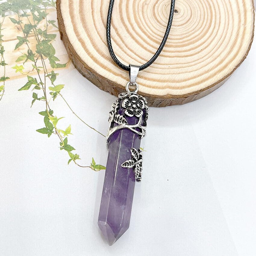 El Regalo 1PC Flower Wrapped Hexagonal Healing Natural Stones Point Pendant Unisex Necklace- Natural Stones Reiki Healing Crystals Necklace in Antique Silver Finish (Purple- Amethyst-Cord)