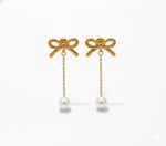 El Regalo Elegant 18K Gold Plated Stainless Steel Drop Earrings for Women & Girls | Tarnish-Free, Waterproof, Hypoallergenic Statement Fancy Western Earring Collection | Variations: Bow, Moon & Star, Starfish, Knot | For Office, Party & Gifting (Pearl Bow