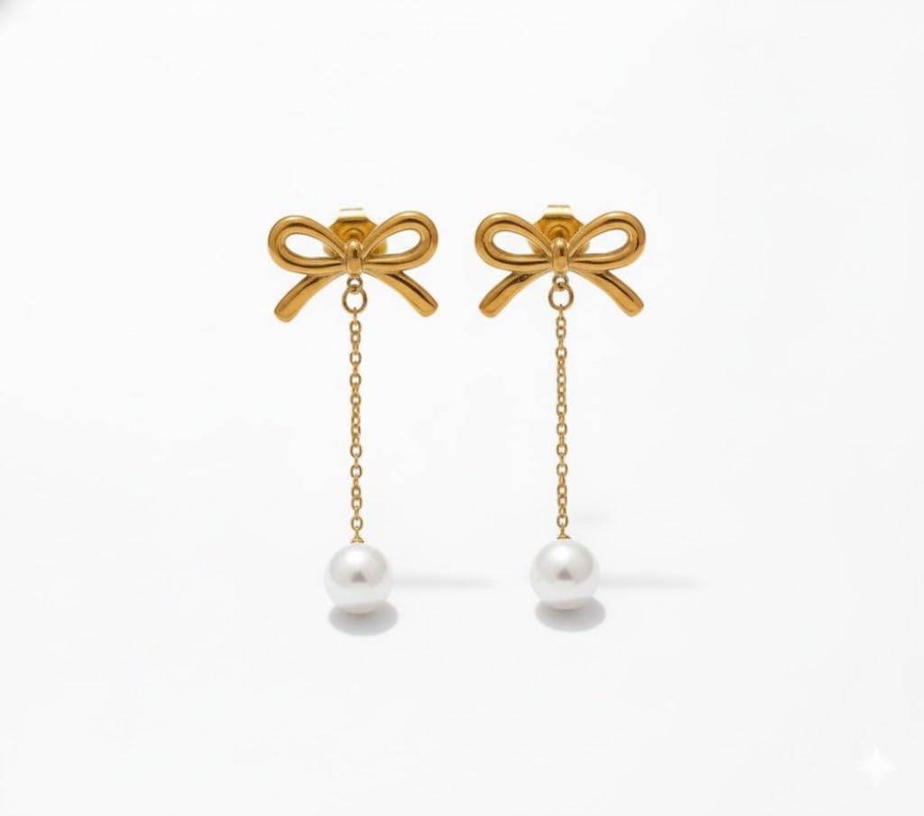 El Regalo Elegant 18K Gold Plated Stainless Steel Drop Earrings for Women & Girls | Tarnish-Free, Waterproof, Hypoallergenic Statement Fancy Western Earring Collection | Variations: Bow, Moon & Star, Starfish, Knot | For Office, Party & Gifting (Pearl Bow