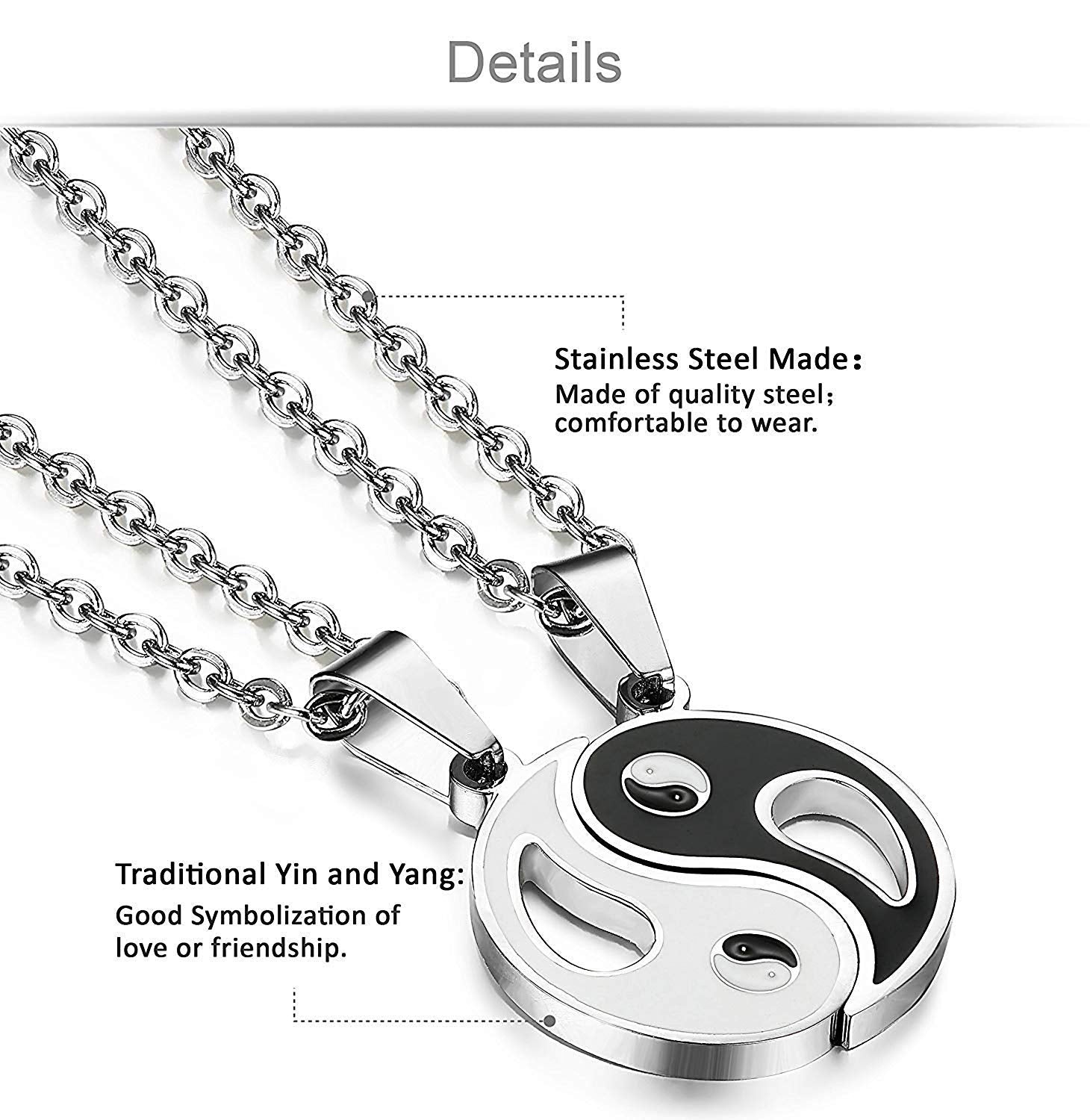 El Regalo Silver Stainless Steel Yin Yang Couple Pendant Necklaces for Unisex Adult's - 2 Pieces