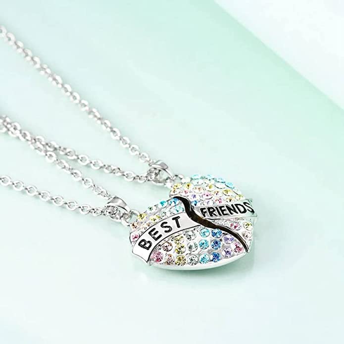 El Regalo Girls 2 Pcs Best Friends Rainbow Stones Heart Matching Pendant Necklaces For Besties/BFF/Soul Sisters