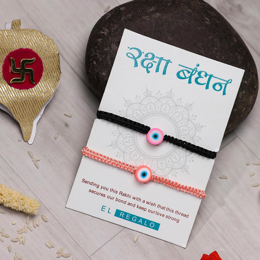 El Regalo 2PCs Rakhi Combo Set for Bhai-Bhabhi or Bhai-Bhatija/Bhatiji- 2 Evil Eye Rakhis Set with Roli Chanwal, Rakhi Card in Rakhi Gift Box (Option-3)