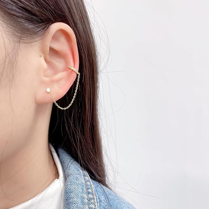 El Regalo Classy CZ Stud Chain Climber Crawler Cuff Earrings for Women, Fancy Minimalist Dainty Ear Cuffs with Link Chain, Non-Pierced Cartilage Helix Wrap Jewelry Gift (Gold)